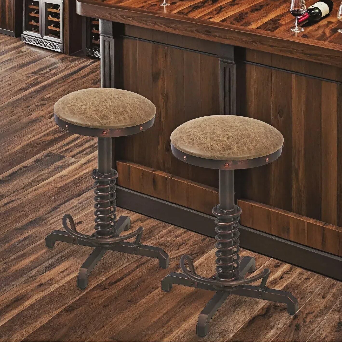 Farm Vintage Leather Tractor Stool Swivel Adjustable Kitchen Counter Set of 2