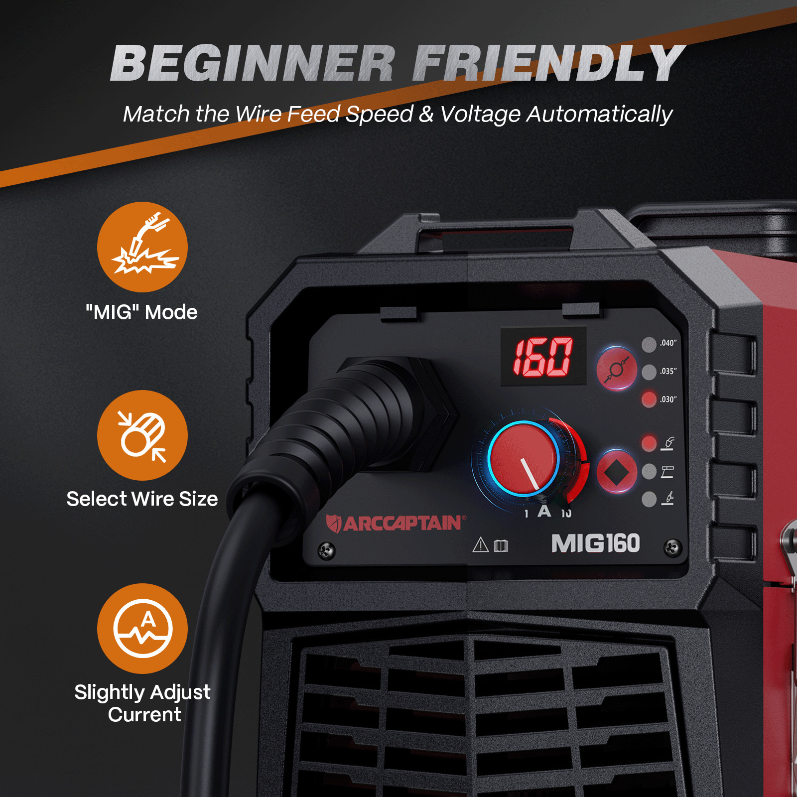 ARCCAPTAIN 160A MIG Welder 4 in 1 Welding Machine Gas MIG, Gasless MIG Flux Core