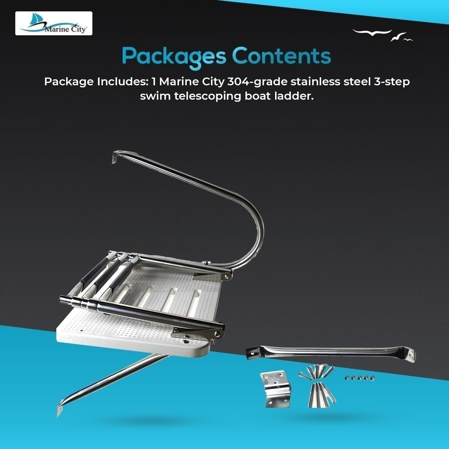 Marine City 3 Step Stainless Steel Telescoping Boat O/B Swim Ladder for Boat