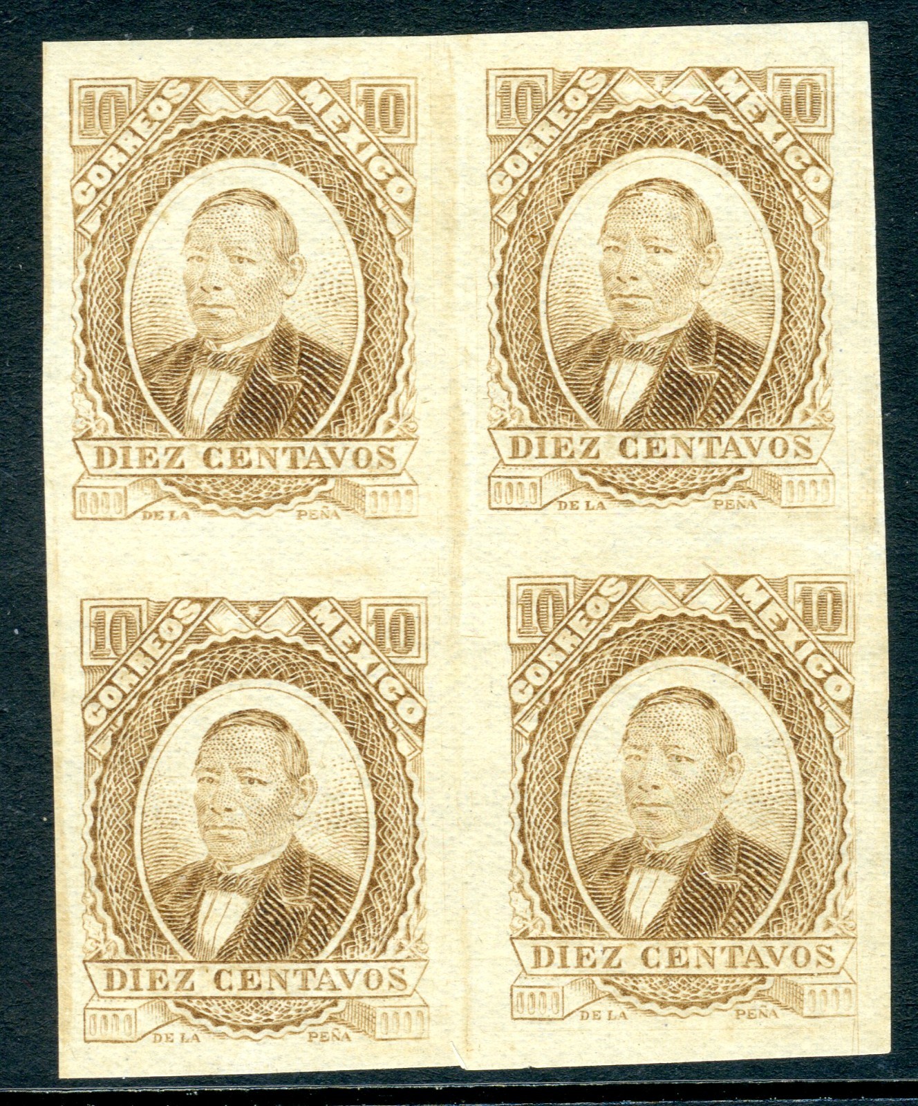 Mexico 1879 Juarez 10¢ No District Thin Paper Block of 4 IMPERF  MX704