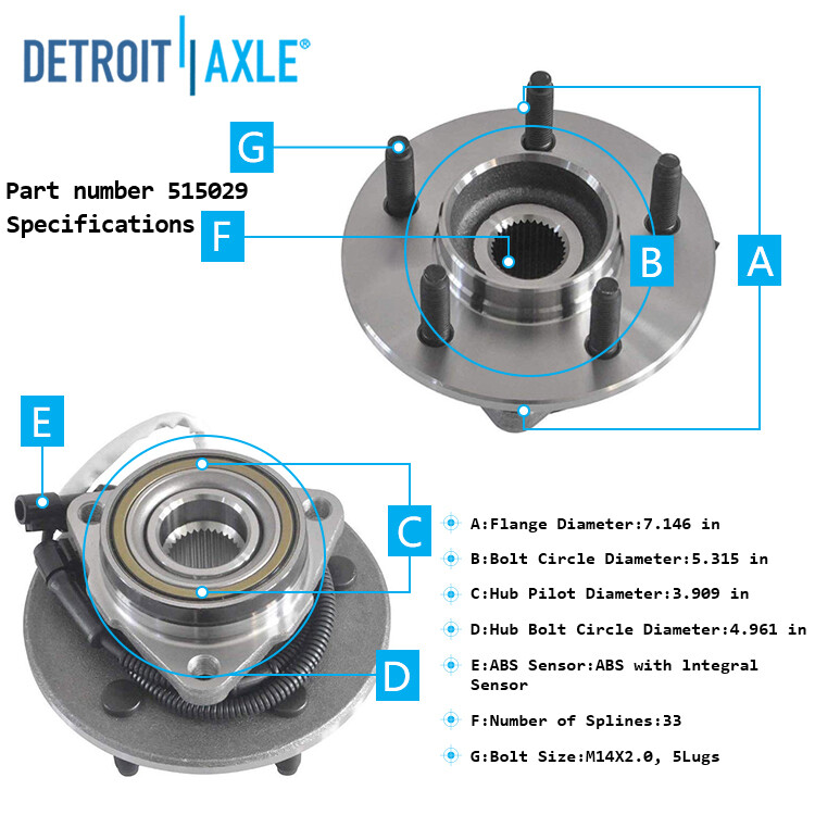 Front Wheel Bearing and Hub for 2000 2001 2002 2003 Ford F-150 F150 w/ABS 4x4