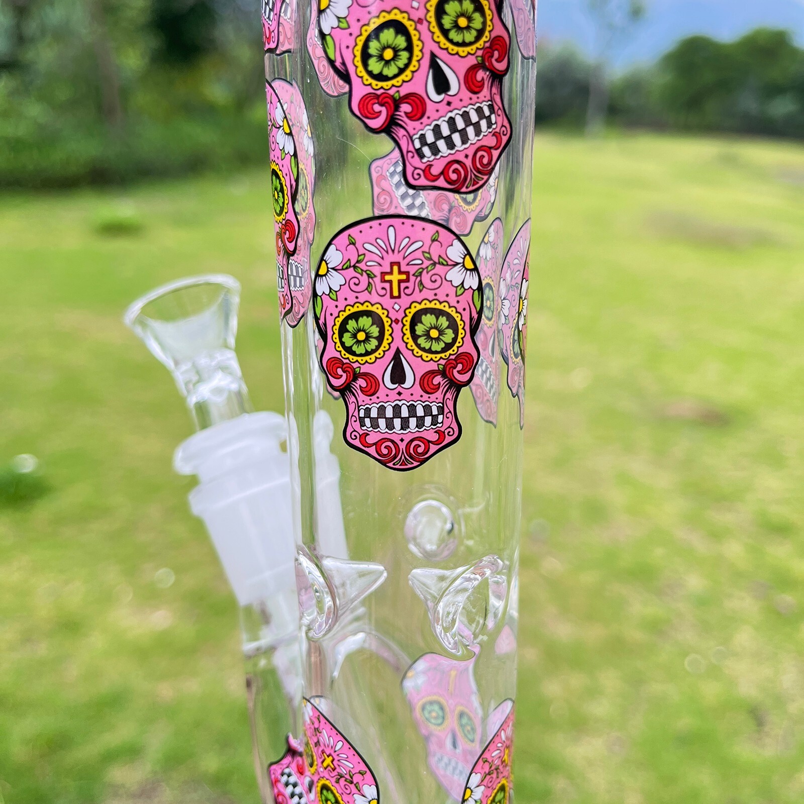 10" Glass Bong Smoking Hookah Water Pipes Pink Skull Tobacco Beaker 14mm Bowl