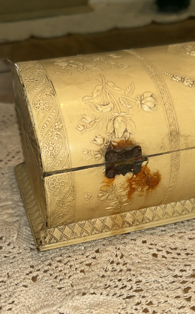 Antique Jewelry Box Engraved Angel Celluloid Wrapped Wood 9x 3.75 Oval Quite Old