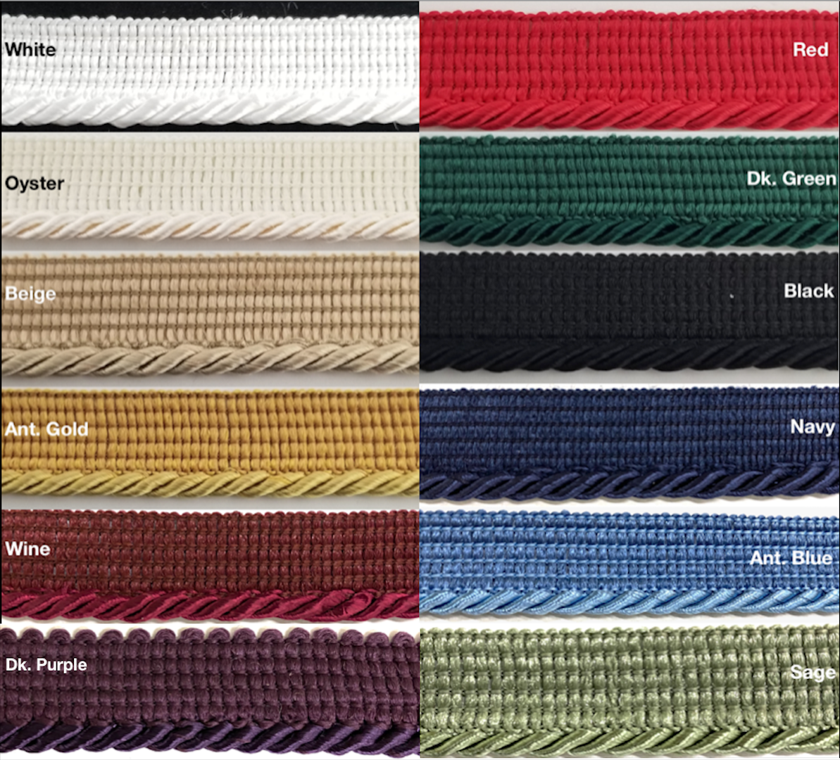 Twist Cord with Lip Piping Trimming - 8 Yards- Many Colors Available!