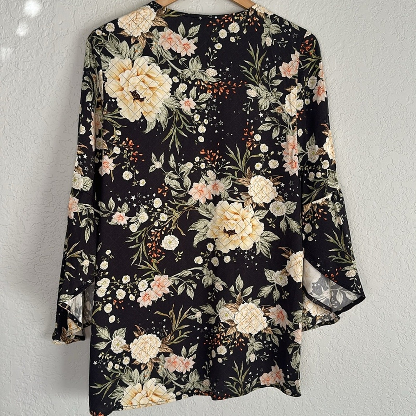 Farm Rio Kimono Grey Yellow Floral Stars Celestial Ethereal Wide Sleeves Boho OS