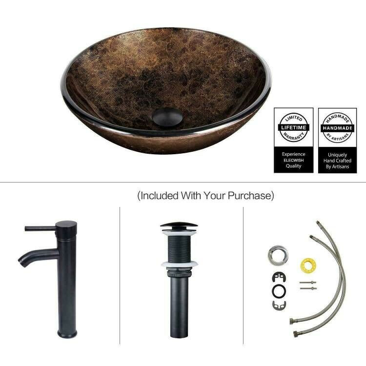 Bathroom Tempered Glass Vessel Sink Counter Pop Up Drain Basin ORB Faucet Bowl