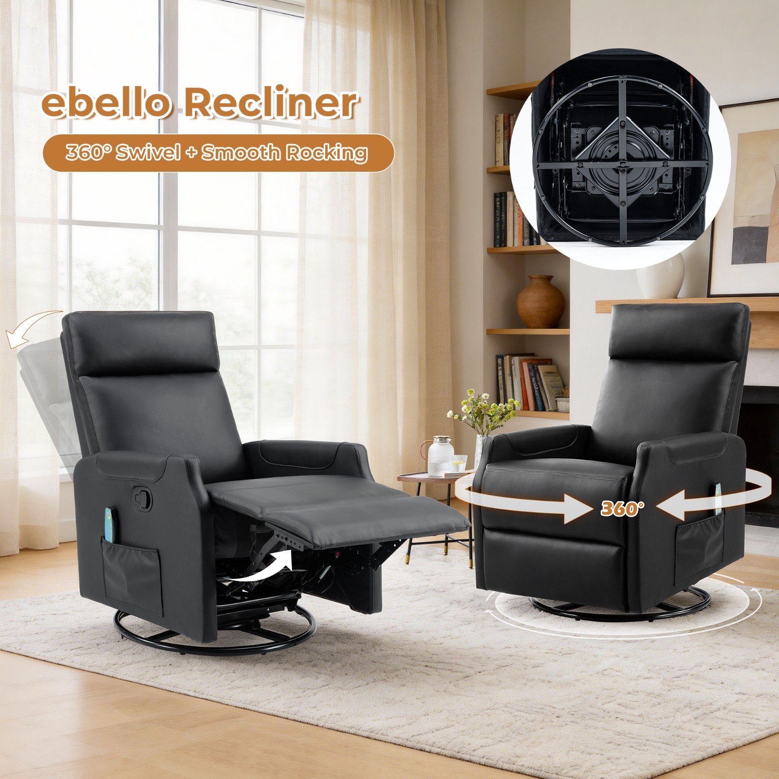 EBELLO Manual Swivel Recliner Chair with Massage & Heat, PU Leather Rocker Chair