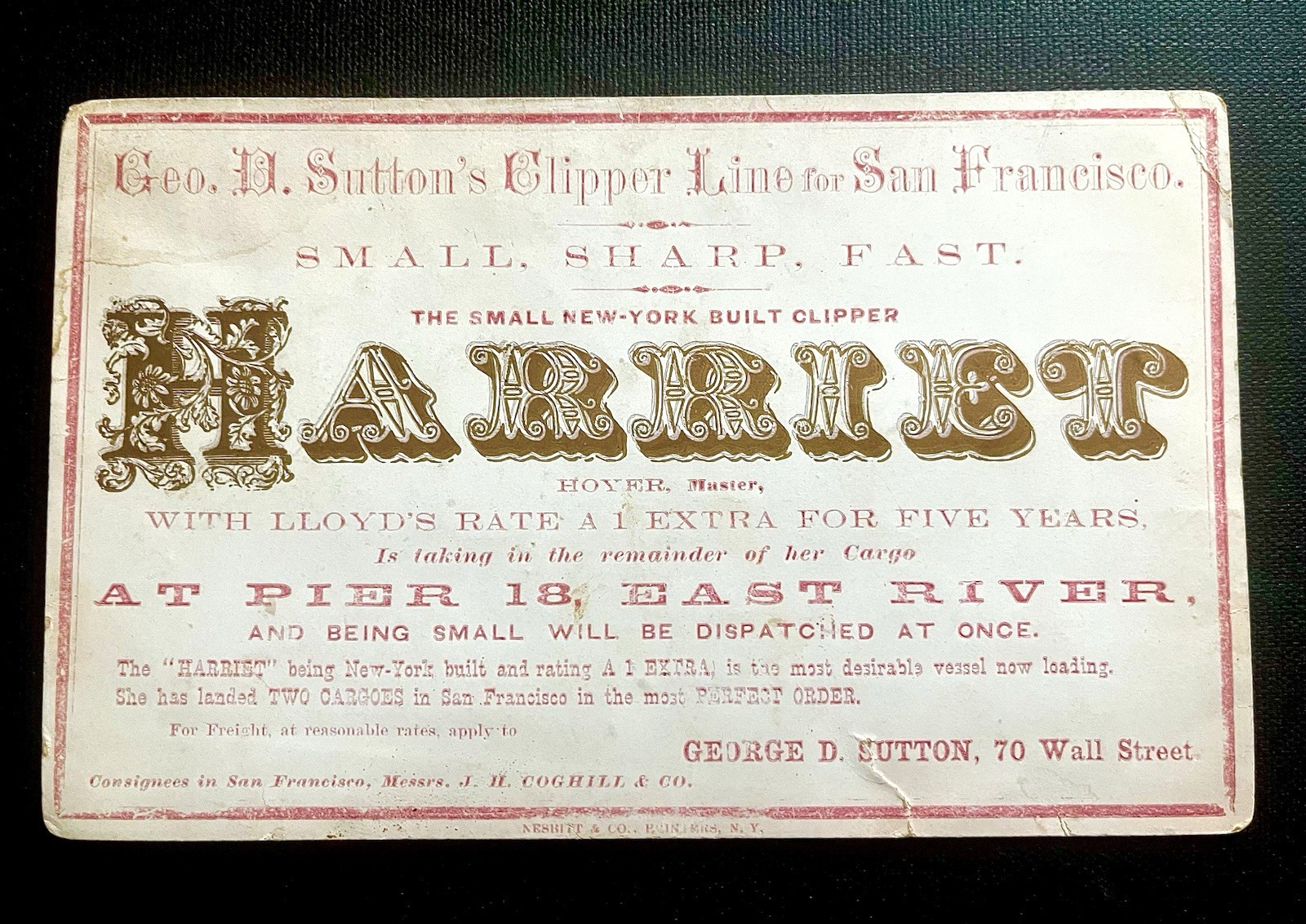 Clipper Ship Card Harriet c. 1860 Geo. H. Sutton's Clipper Line San Francisco