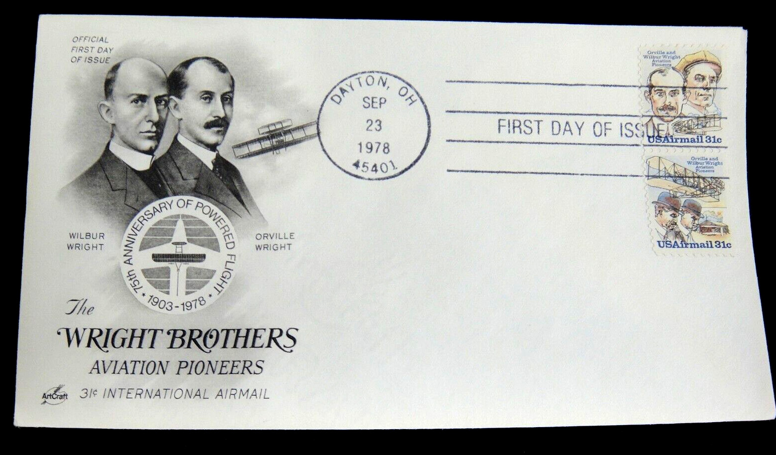 Wright Brothers Anniversary FDC Cachet w First Day Issue Airmail Stamp Pair 1978