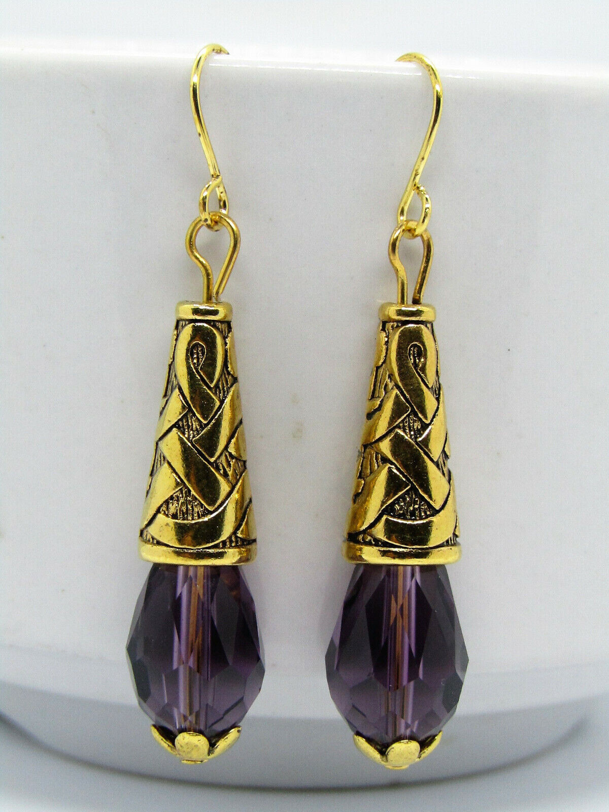Purple Amethyst Teardrop Crystal GOLD Dangle Earrings, Handcrafted
