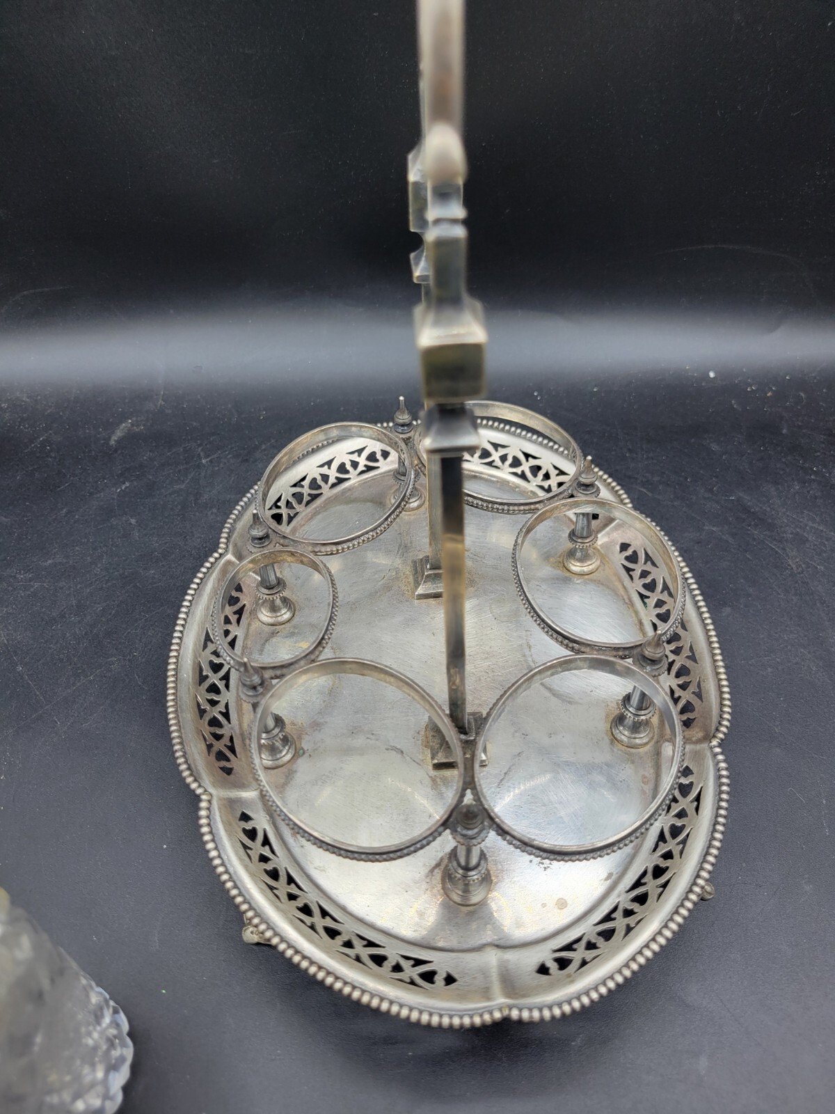 antique 1800's ornate cut crystal silver plate cruet condiment set caddy