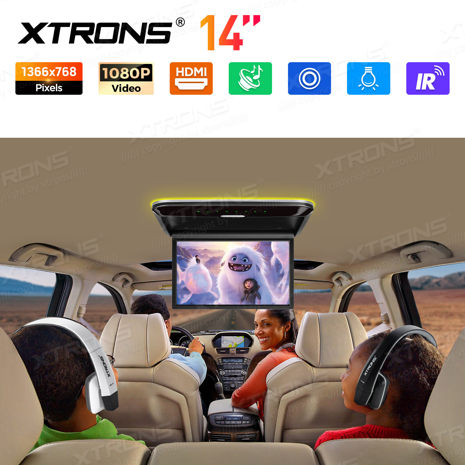 14" FHD Screen Car TV Roof Monitor Player Overhead Mounted HDMI W/Speaker 1080P