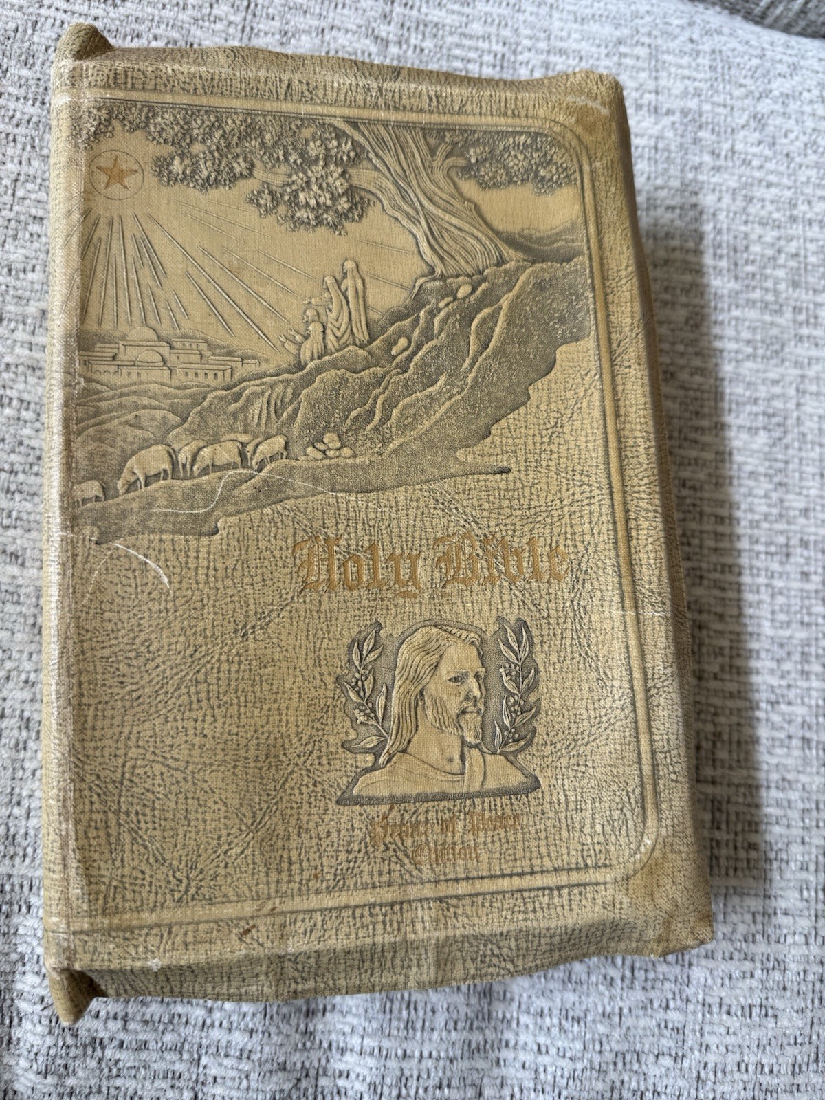 Vintage Bible Embossed Shepherd Scene Tan Gold Lettering Illustrated Maps