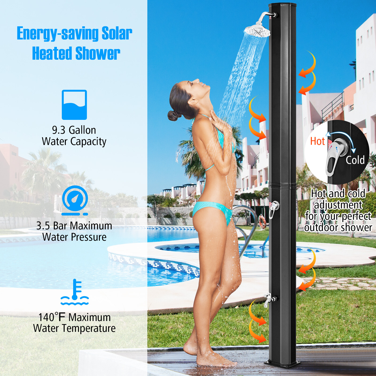 9.3 Gallon Outdoor Solar Heating Shower 7.2Ft Adjustable Shower Head W/Base