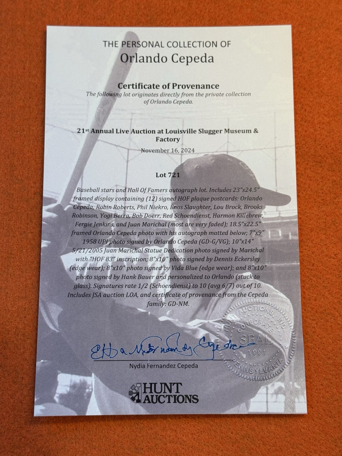 Orlando Cepeda Personally Owned Autographed Hall of Fame Plaque Framed Display