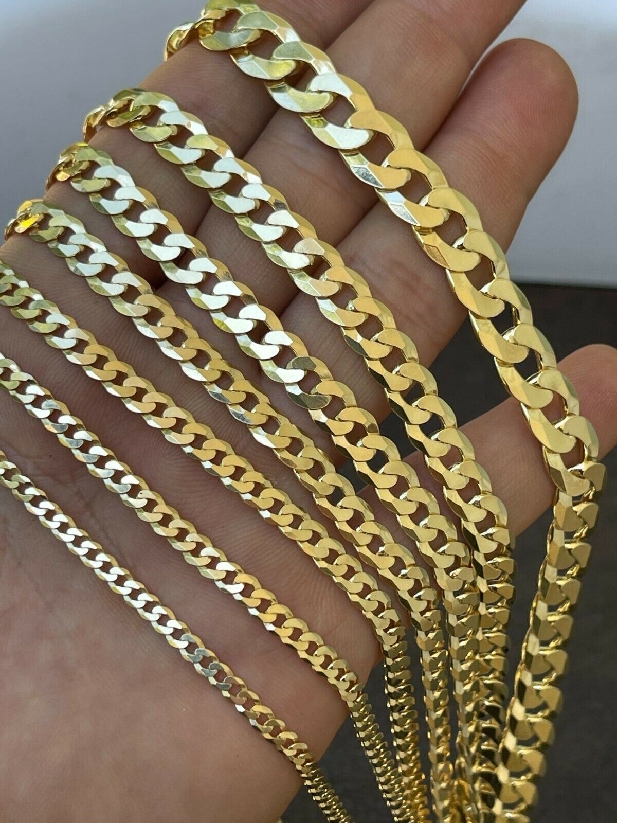 REAL Solid 925 Silver 14k Gold Plated Flat Cuban Link Chain Necklace 3mm - 11mm