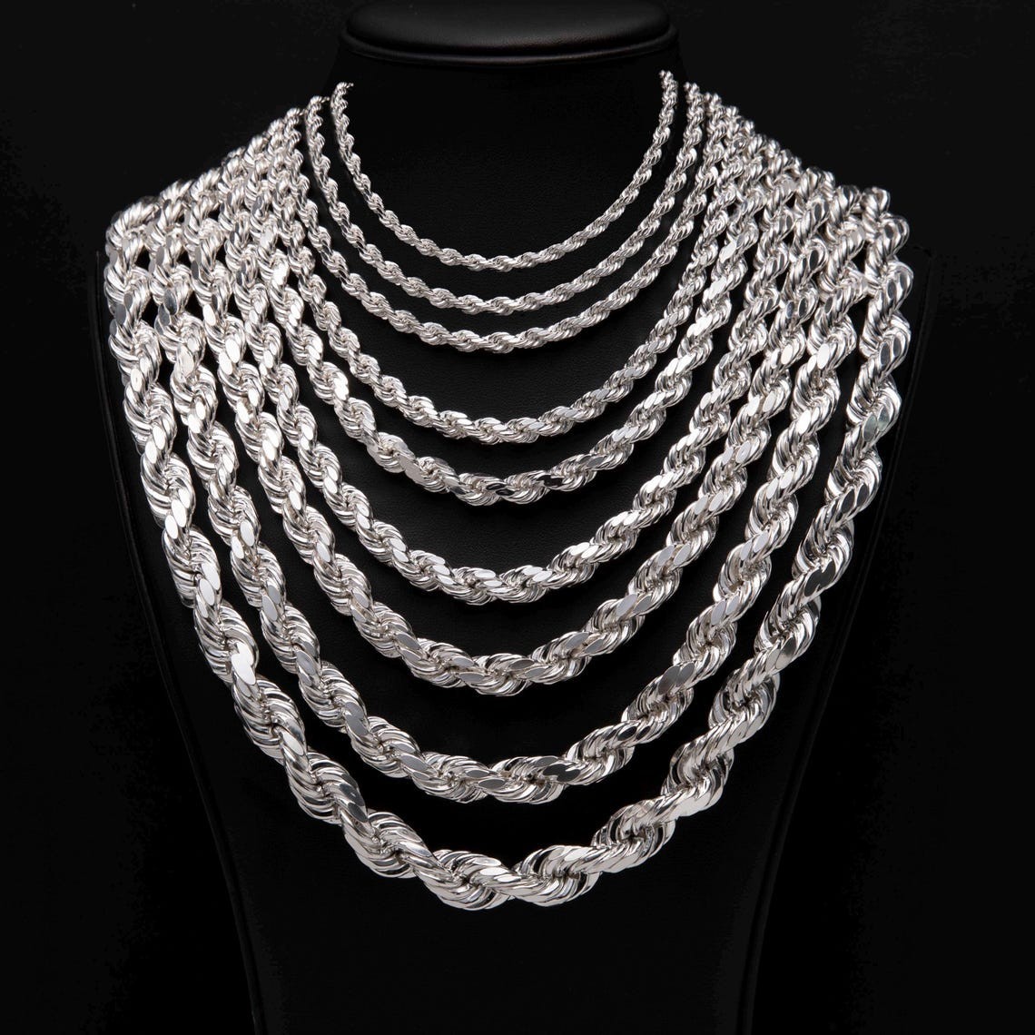 925 Sterling Silver Italian DIAMOND CUT ROPE CHAIN Necklace All Sizes - UNISEX