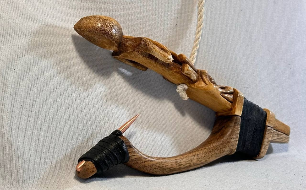 Shaman and Wolf Totem Halibut Hook, Shell Inlay, Northwest Coast Design