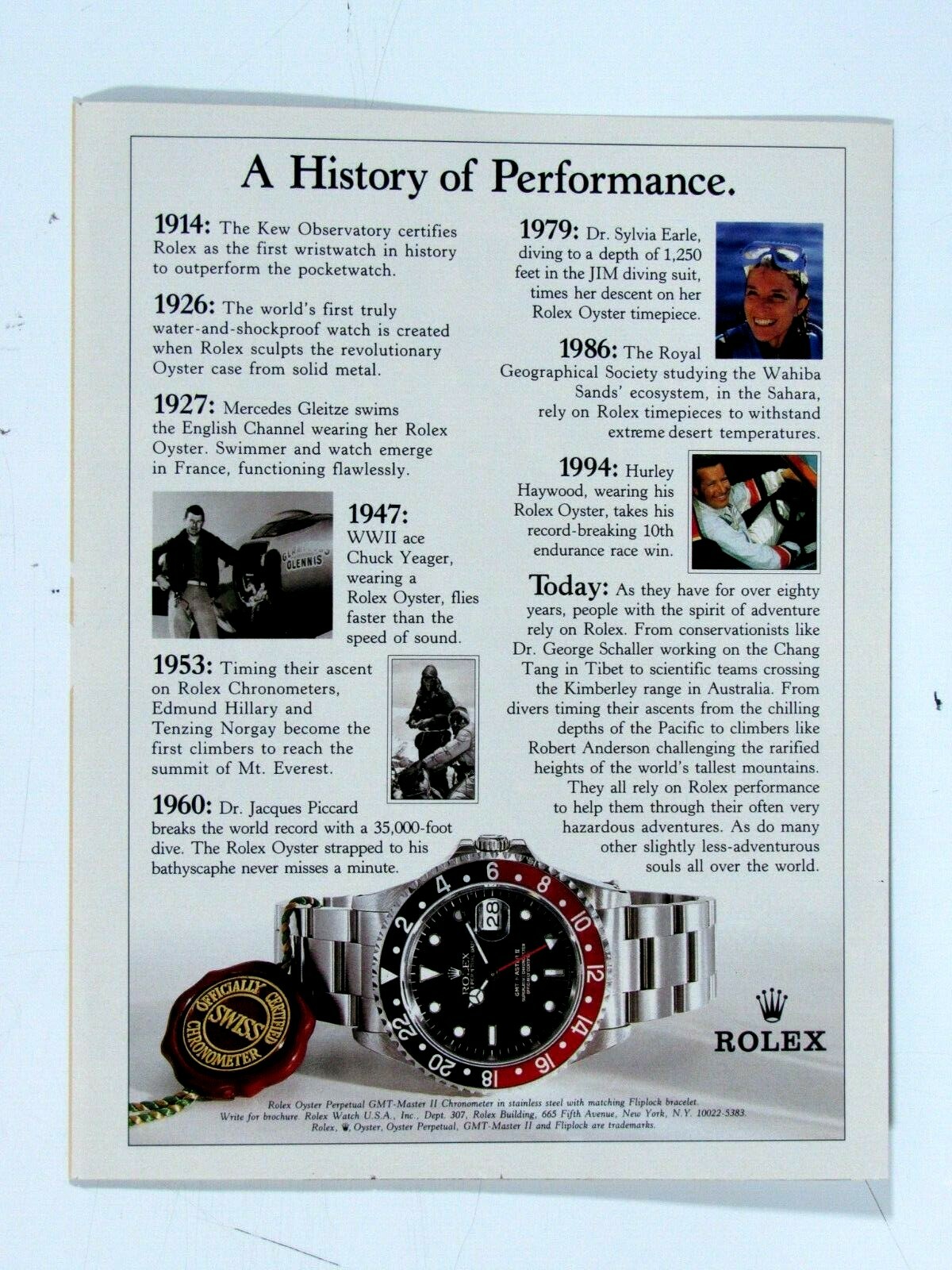 1996 Rolex Chuck Yeagar Hurley Haywood Vintage Original Print Ad 8.5 x 11"