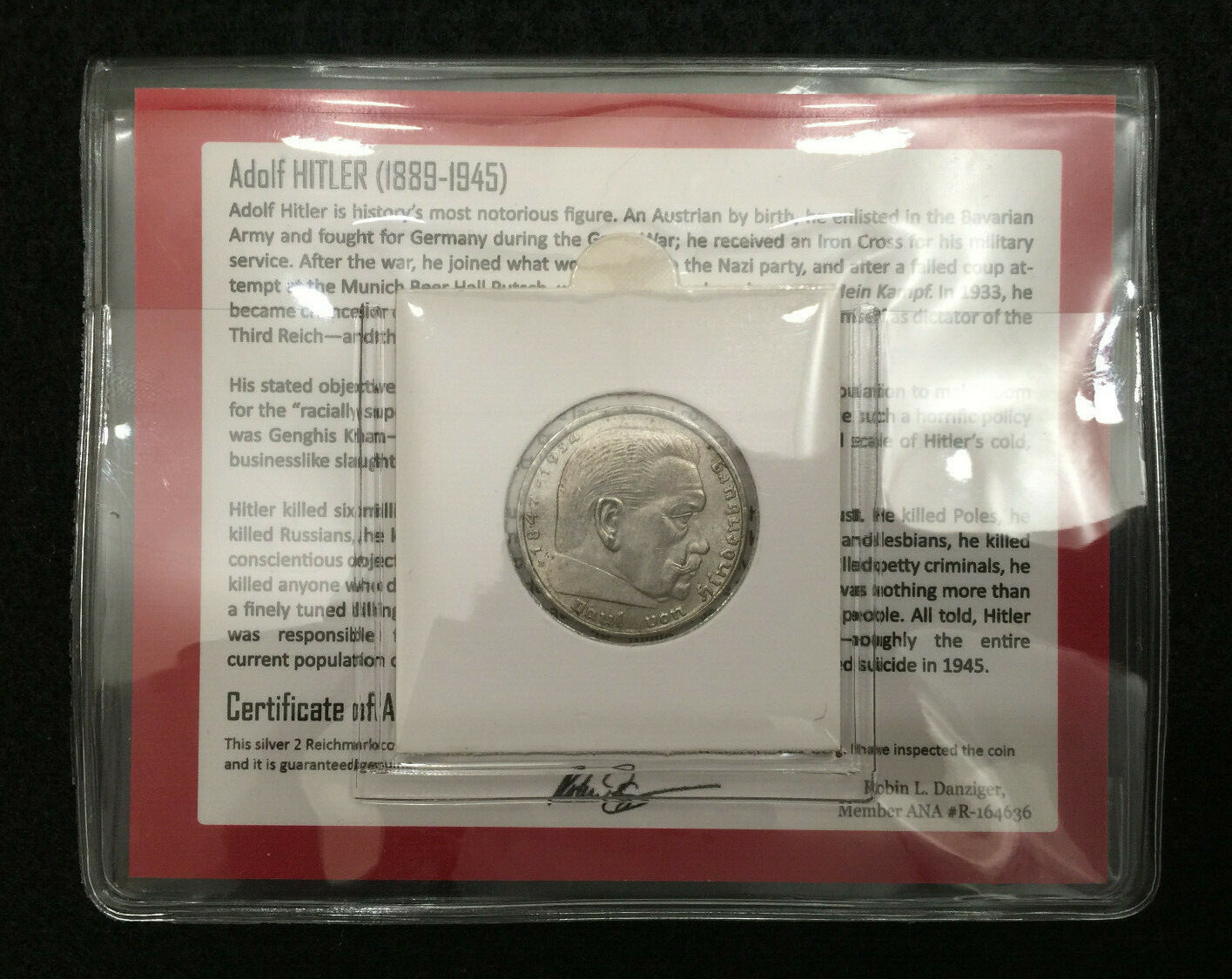 Rare WWII German 2 Reichsmark SILVER Coin CERTIFIED, Mini Album,Holder, COA Incl