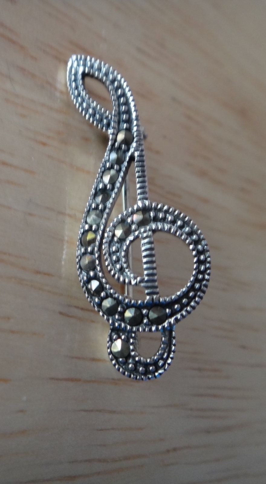 Sterling Silver 31x12mm Marcasite Treble Clef Music Pin