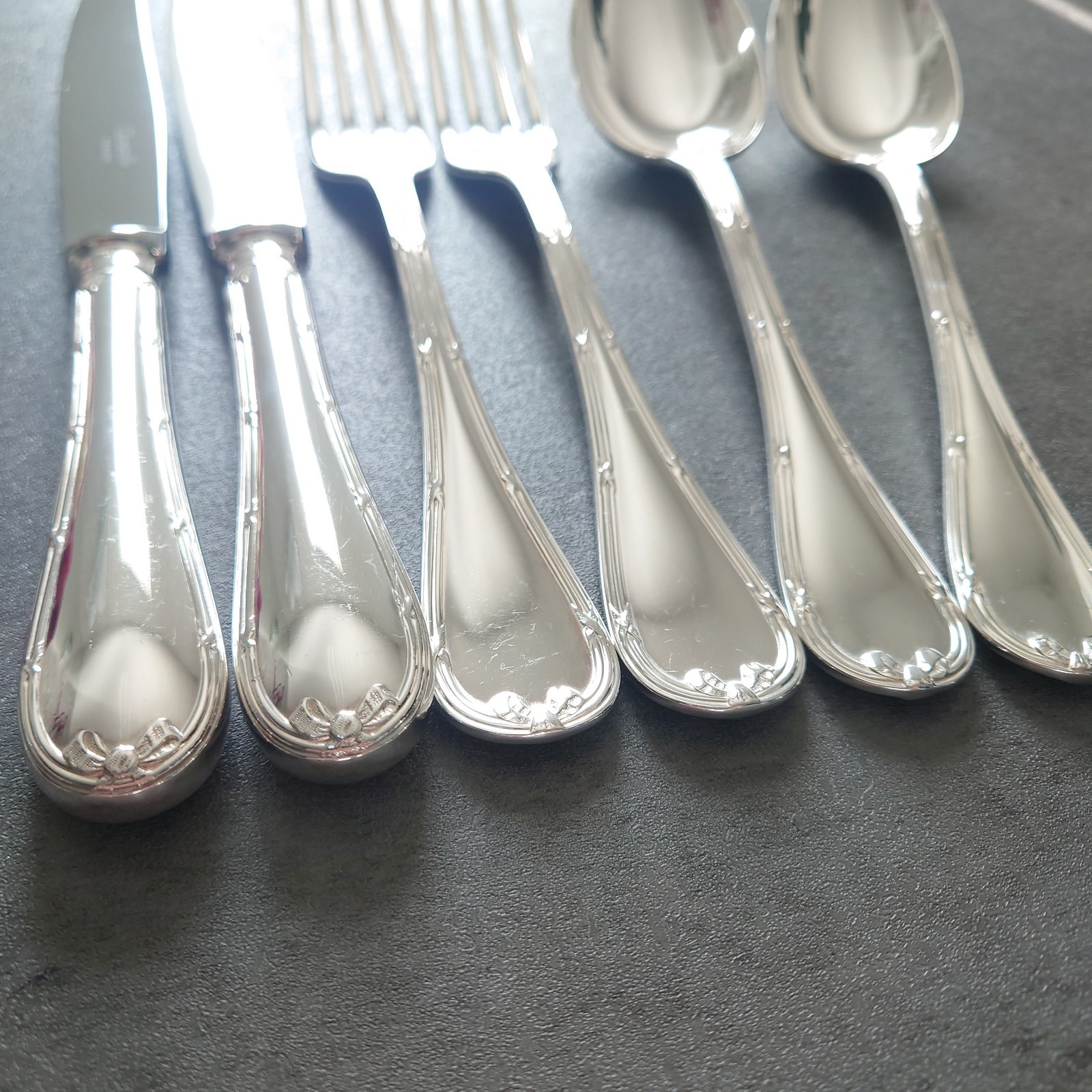 Christofle Rubans 6pcs Flatware Silverplated Table Knife Fork Spoon Excellent