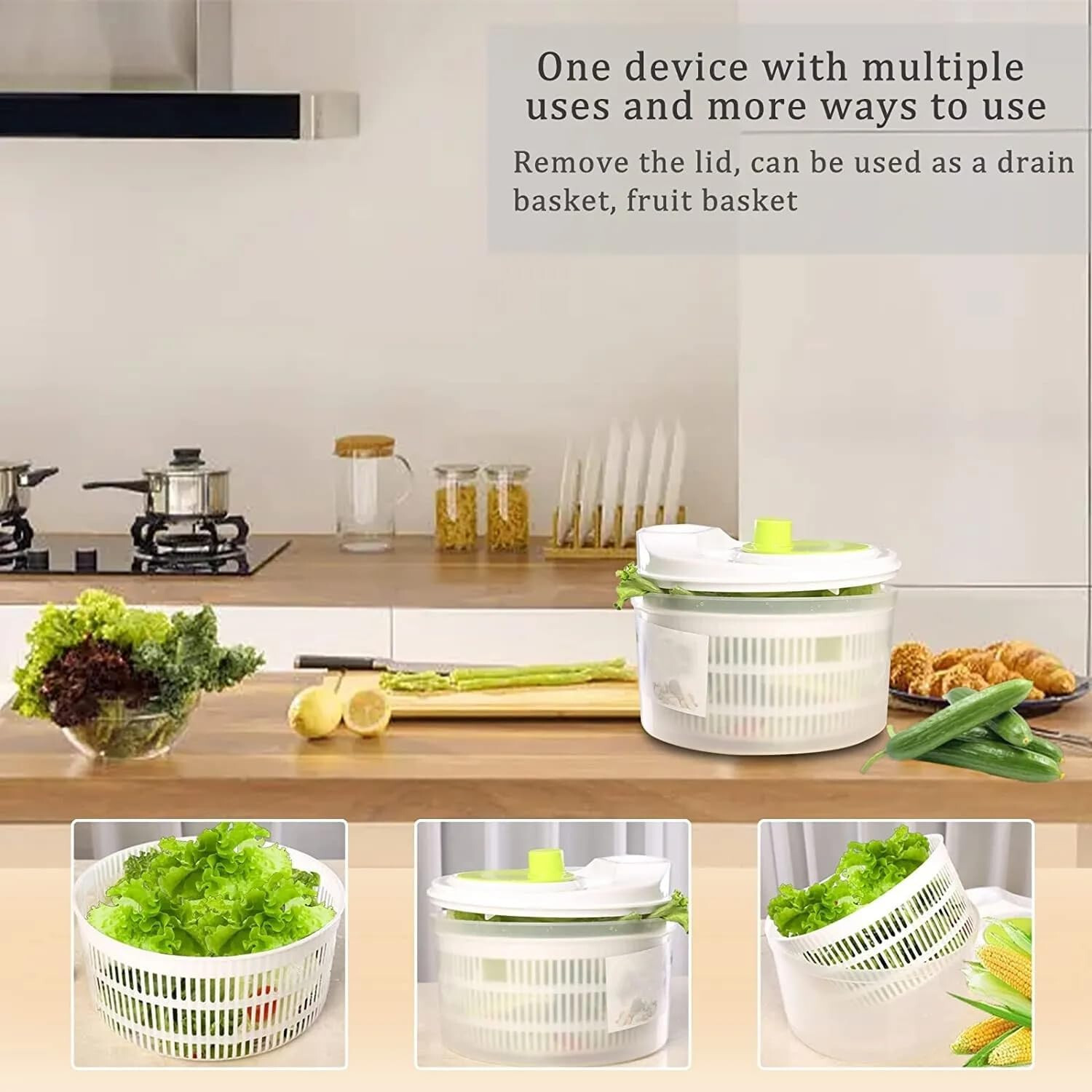 BN-LINK 3L Salad Spinner with Drain, Quick and Easy Multi-Use Lettuce Spinner