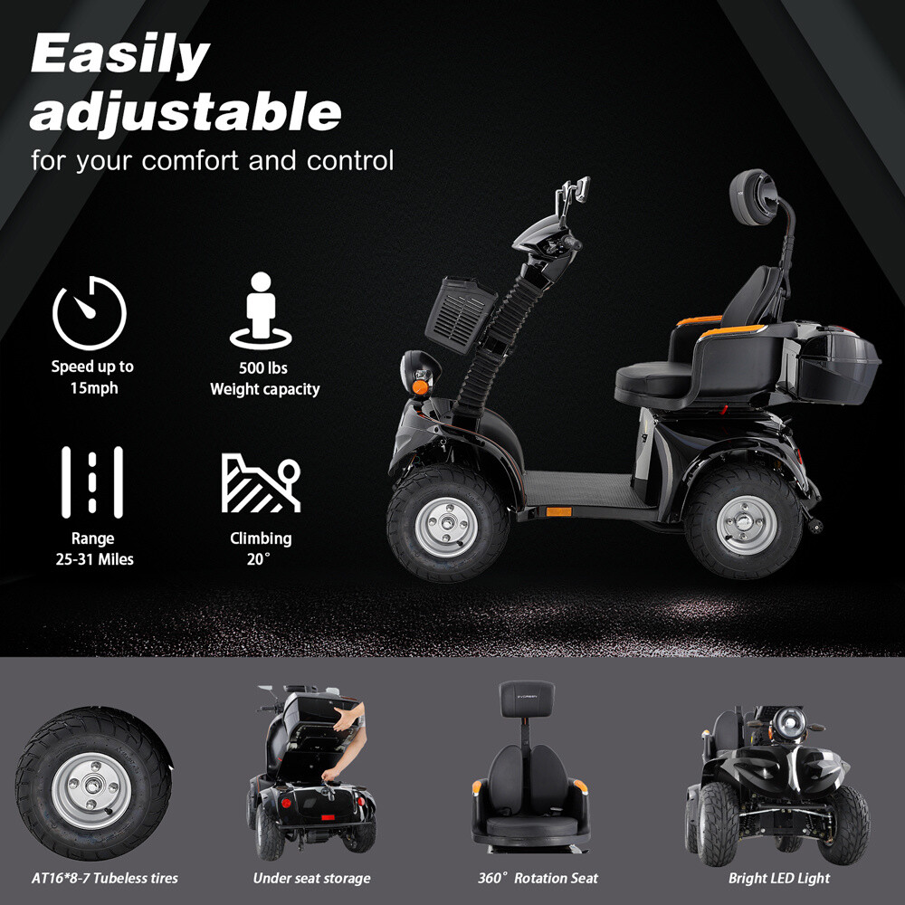 1000W Four Wheel Mobility Scooter 60V 20AH 15mph 31 Miles for Adult Senior 500lb