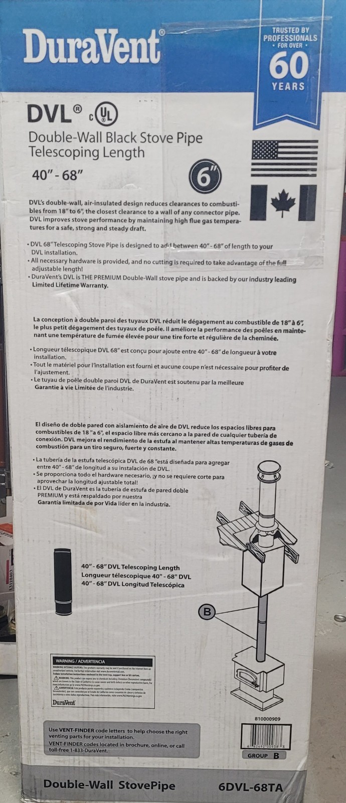 DuraVent 6DVL-68TA 6 in. x 40" 68" Telescoping Chimney Stove Pipe Black READ