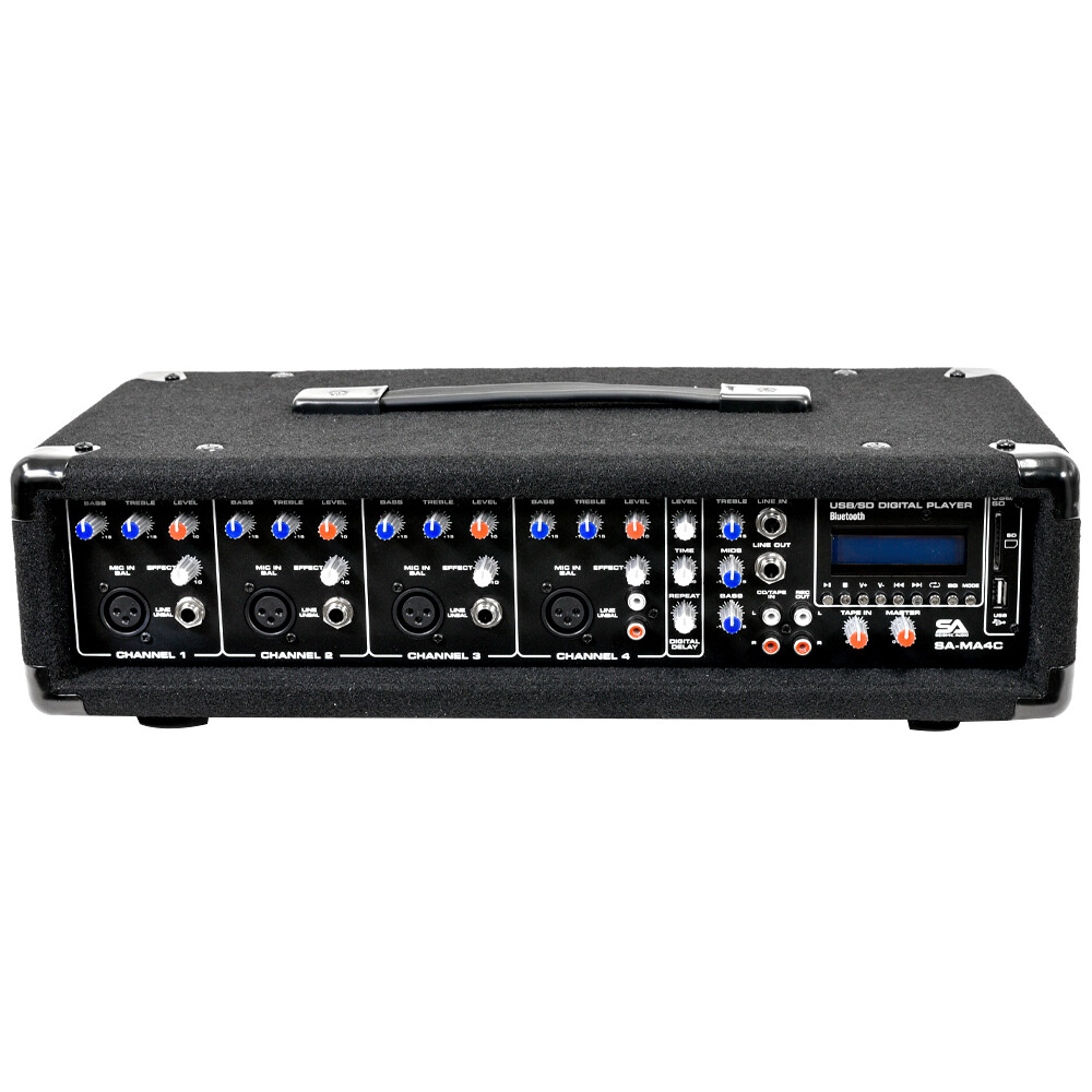 4 Channel 200 Watt Powered PA Head Mixer with Bluetooth Remote and Effects FX