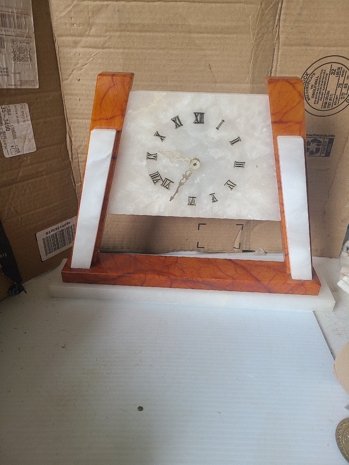 VIntage White And Brown Marble Mantle Clock MCM Pyramid Mid Century