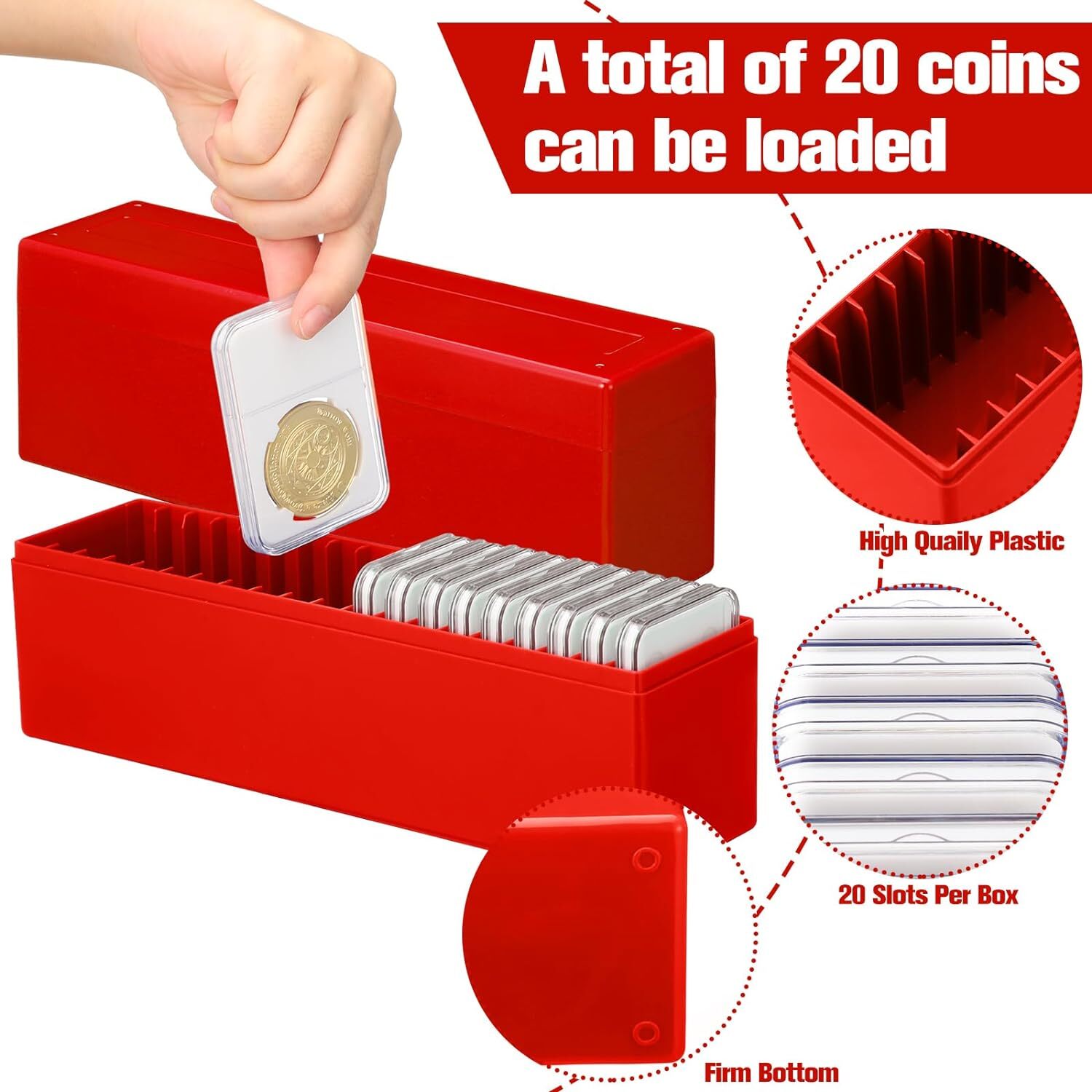 6Pack Storage Box Plastic Case for 20 Certified PCGS NGC Slabs Coin Holders RED