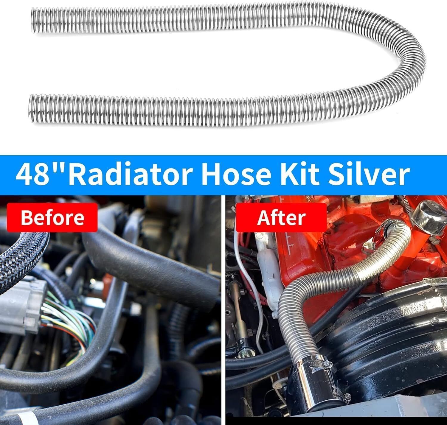 Universal 48" Stainless Steel Radiator Flexible Coolant Water Hose W/ Caps Kit
