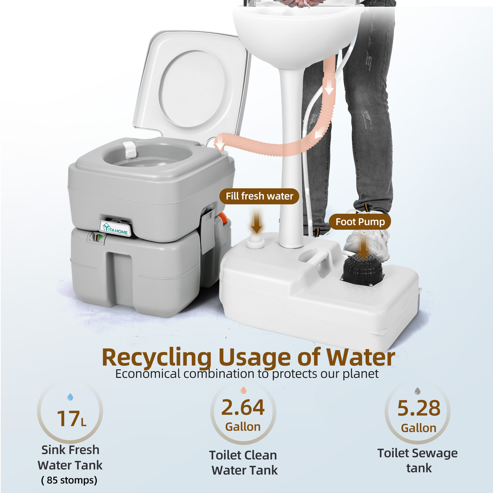 Rolling Portable Sink Camping Hand Washing Statiwith 4.5 GAL Wash Basin Stand