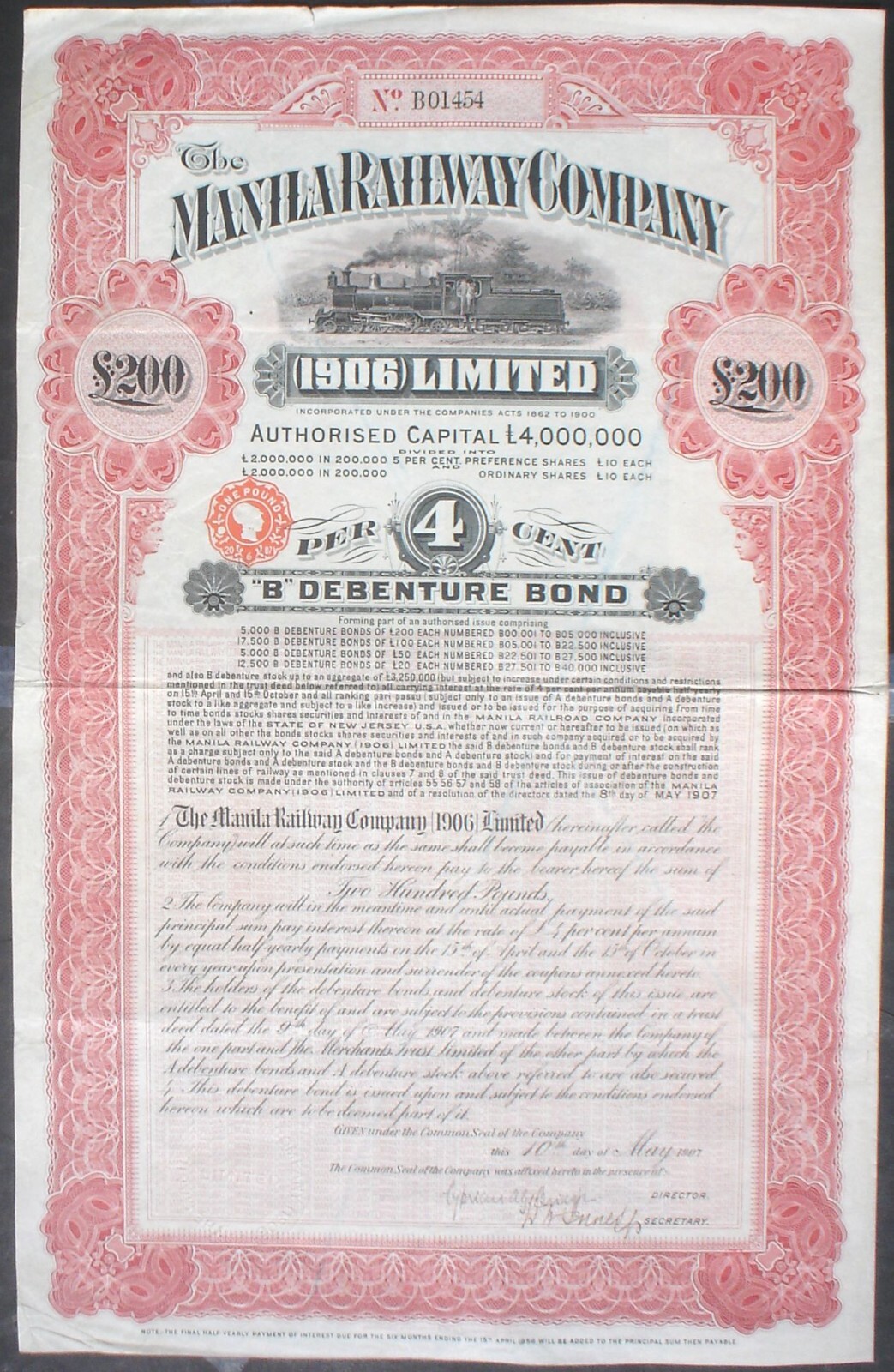 Manila Railway Comp. 200 P. Sterling 4%  Bond, 1909 uncancelled + coupons