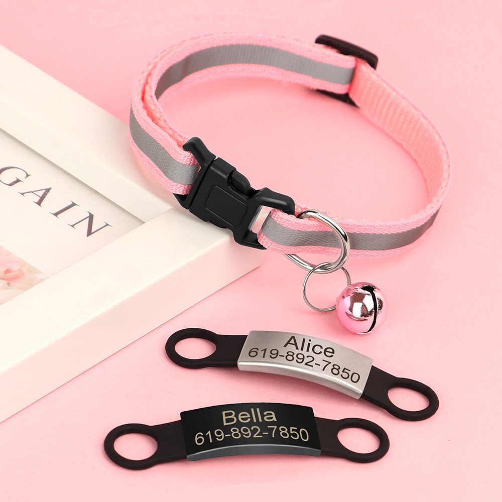Reflective Personalized Kitten Cat Collar + Bell Engraved Name ID Tag Adjustable
