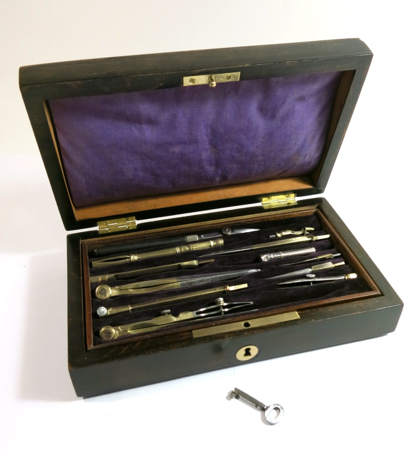 Antique late 1800s Drafting Set in Refinished Wooden Box with Lock and Key