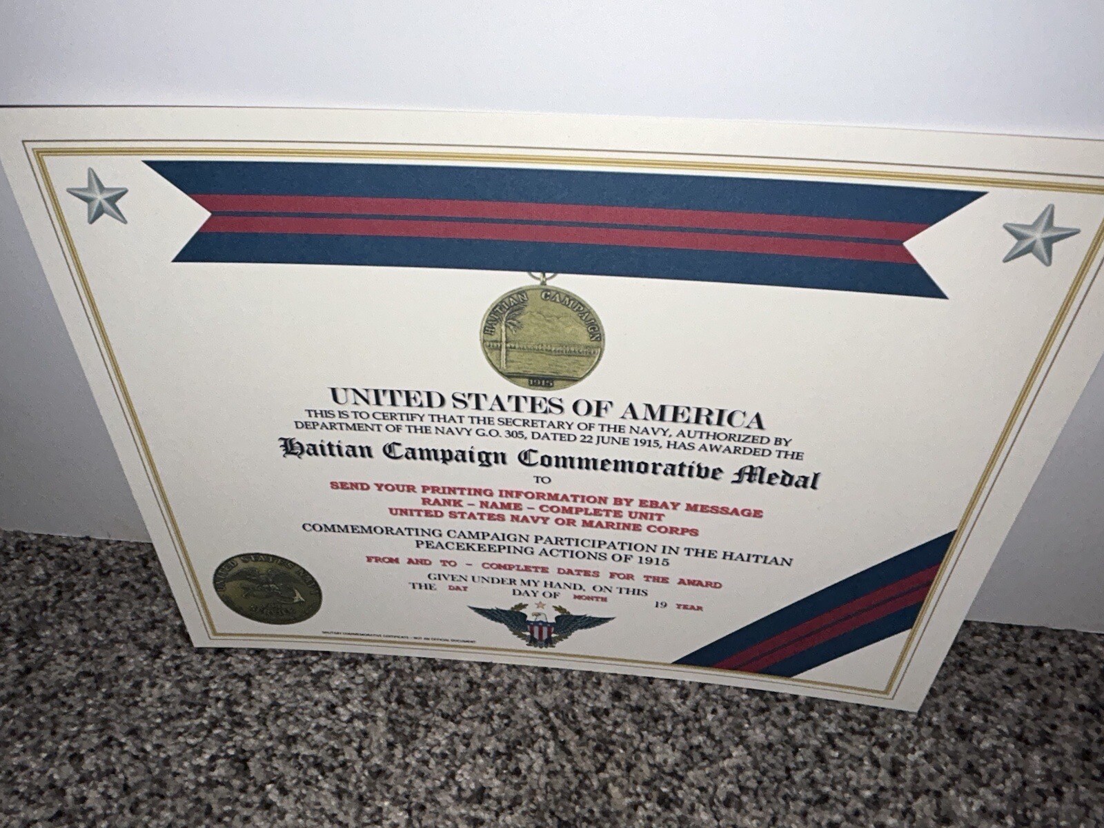 HAITIAN CAMPAIGN (NAVY) COMMEMORATIVE MEDAL CERTIFICATE ~ W/PRINTING TYPE-1