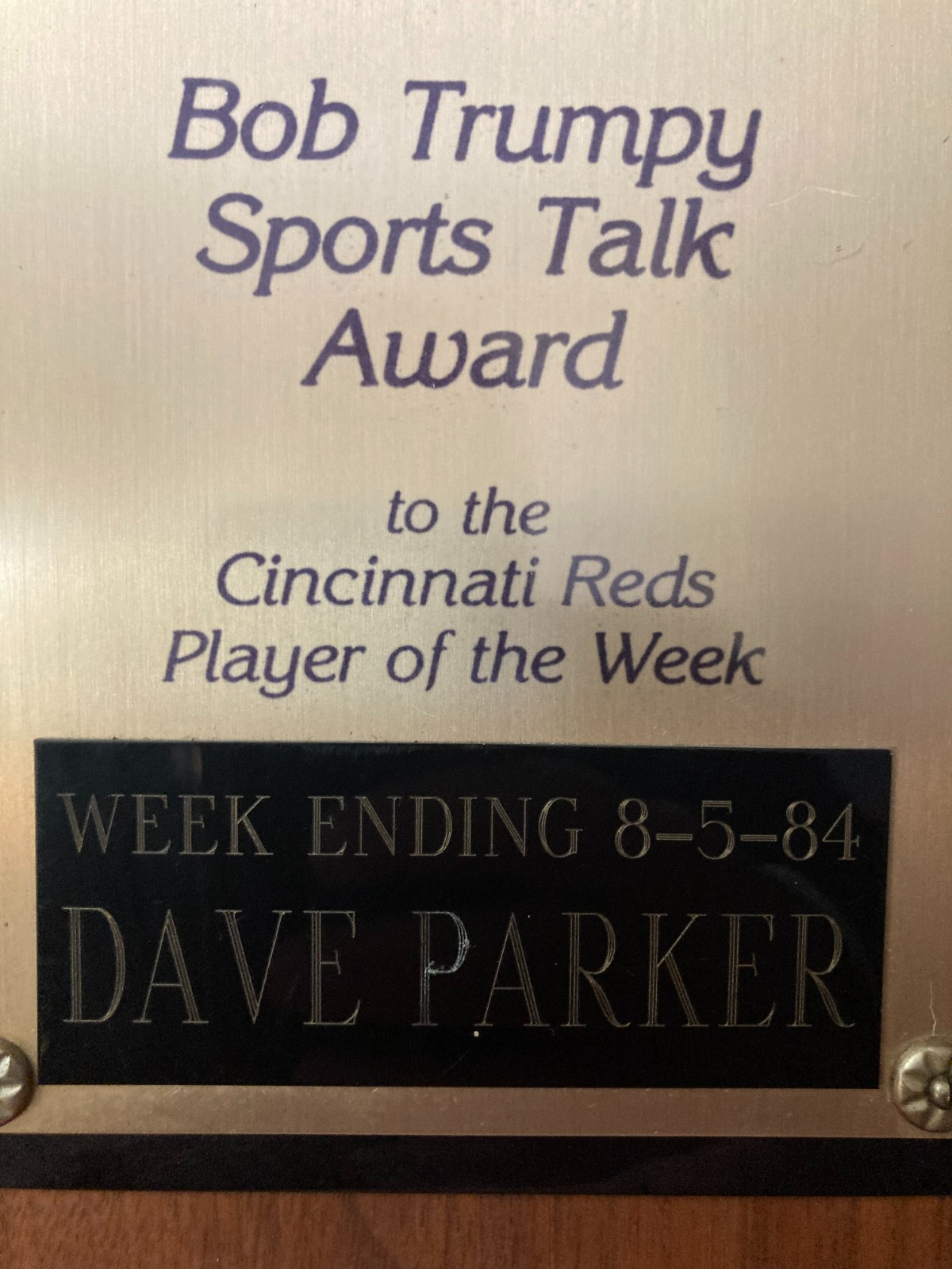 DAVE PARKER 700 WLW Bob Trumpy Player of the Week 1984 Personal Award Plaque HOF
