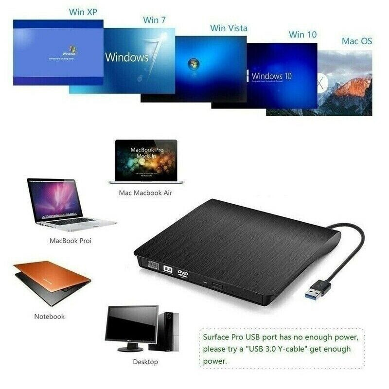 CD DVD RW External Drive USB 3.0 Writer Burner Player Black For Apple & PC