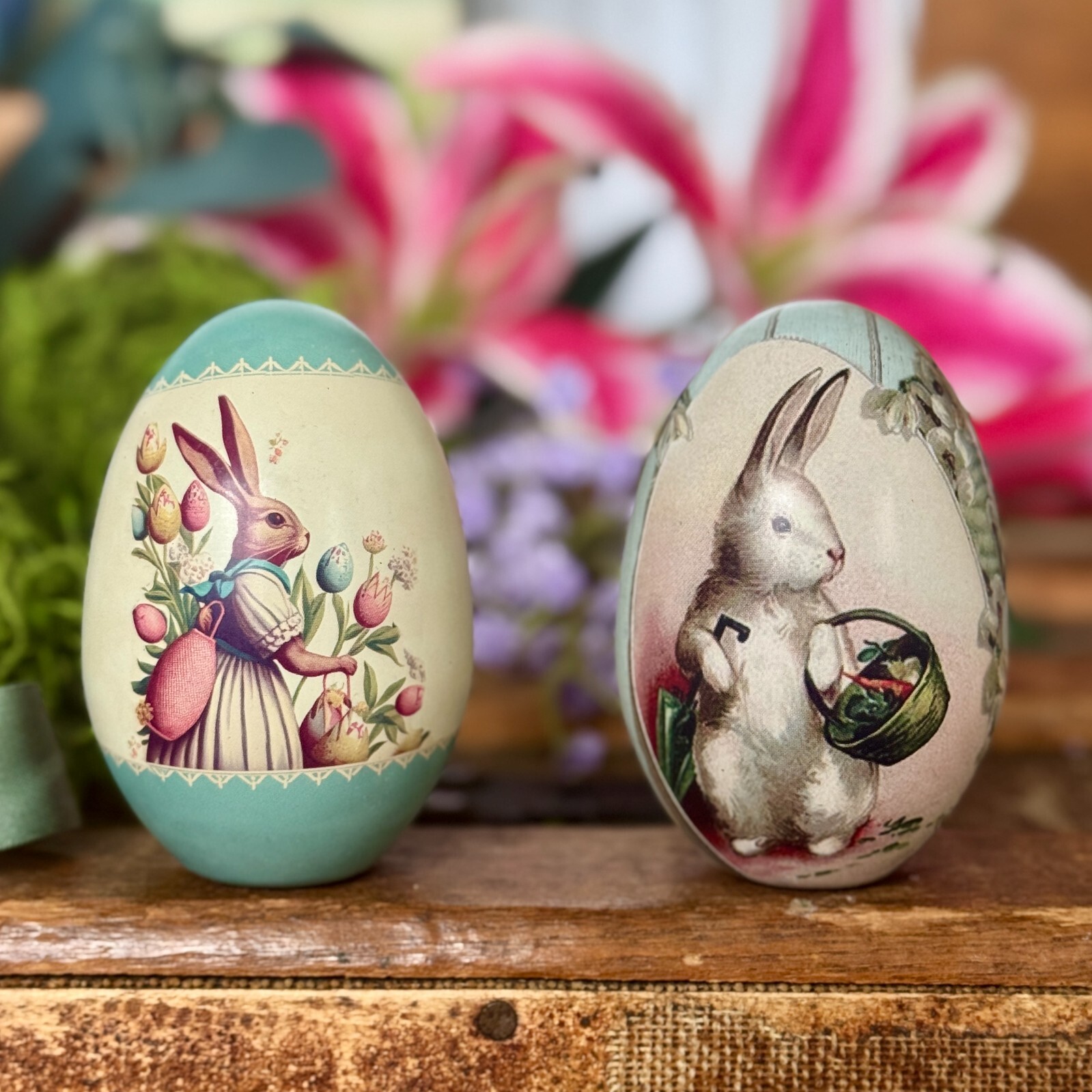 TWO  Easter Egg Tins. 2 fillable Metal Easter Eggs with Vintage Graphic