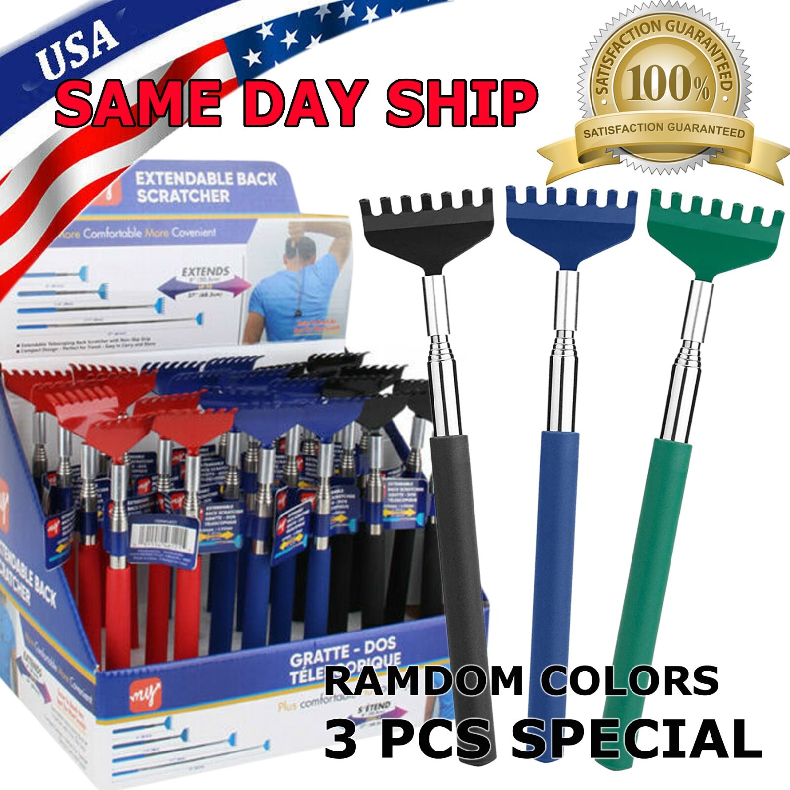 3 Pack Bear Claw Telescopic Metal Extendable Back Scratcher Back Massager Gift