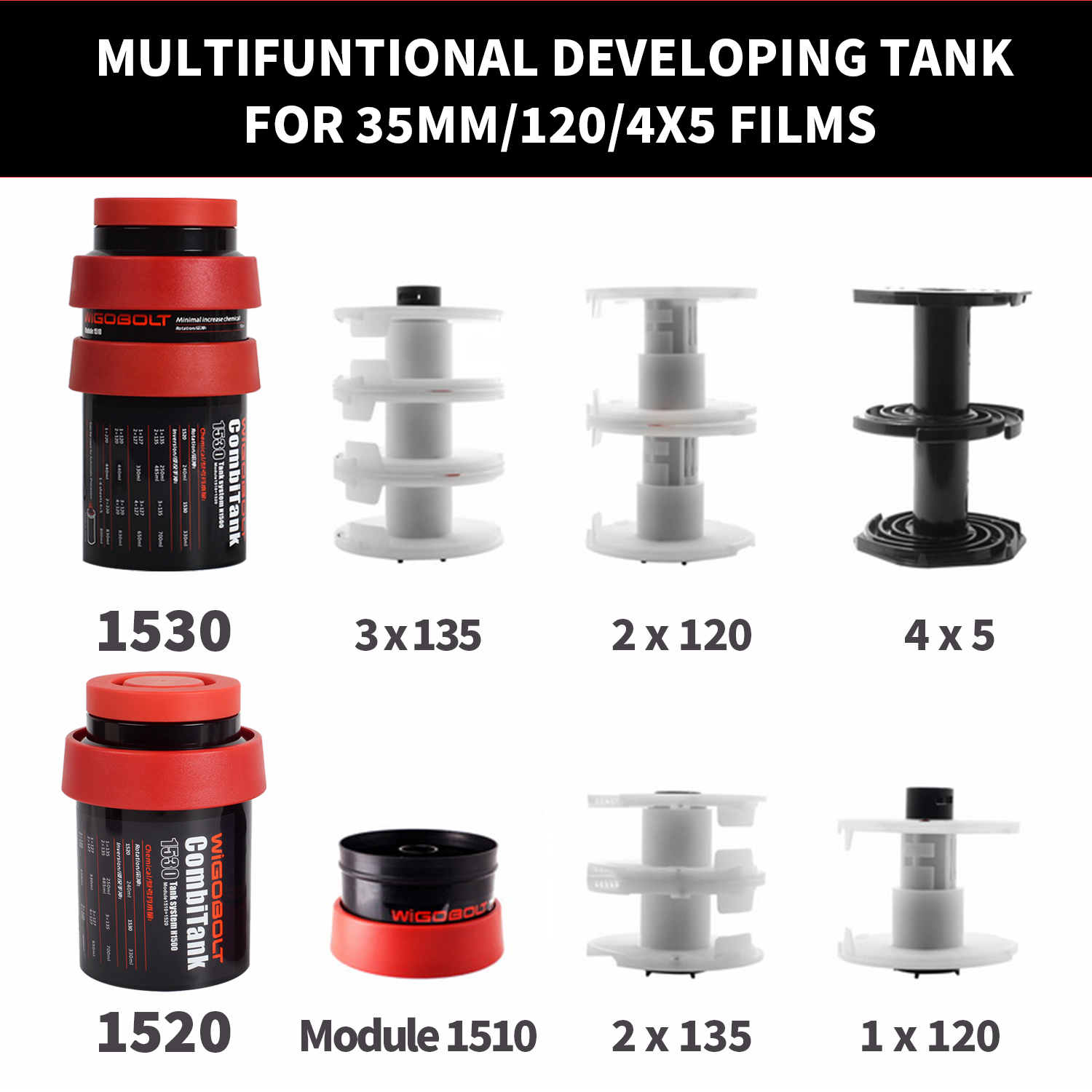 eTone Extended Developing Tank 3 Spirals 120 35 4x5 B/W film Darkroom Processing