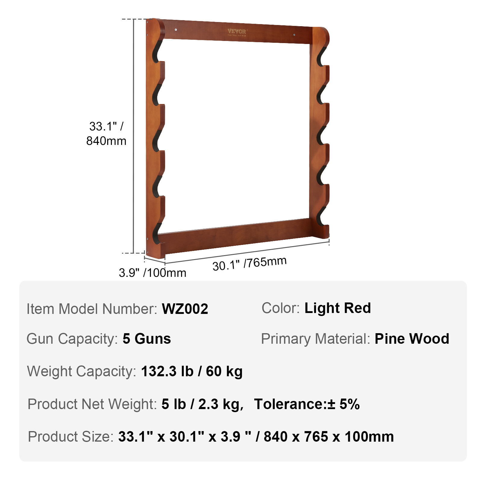 VEVOE Gun Rack 5-Slot Wood Gun Rack Wall Mount Gun Display Rack holds 5 Rifles