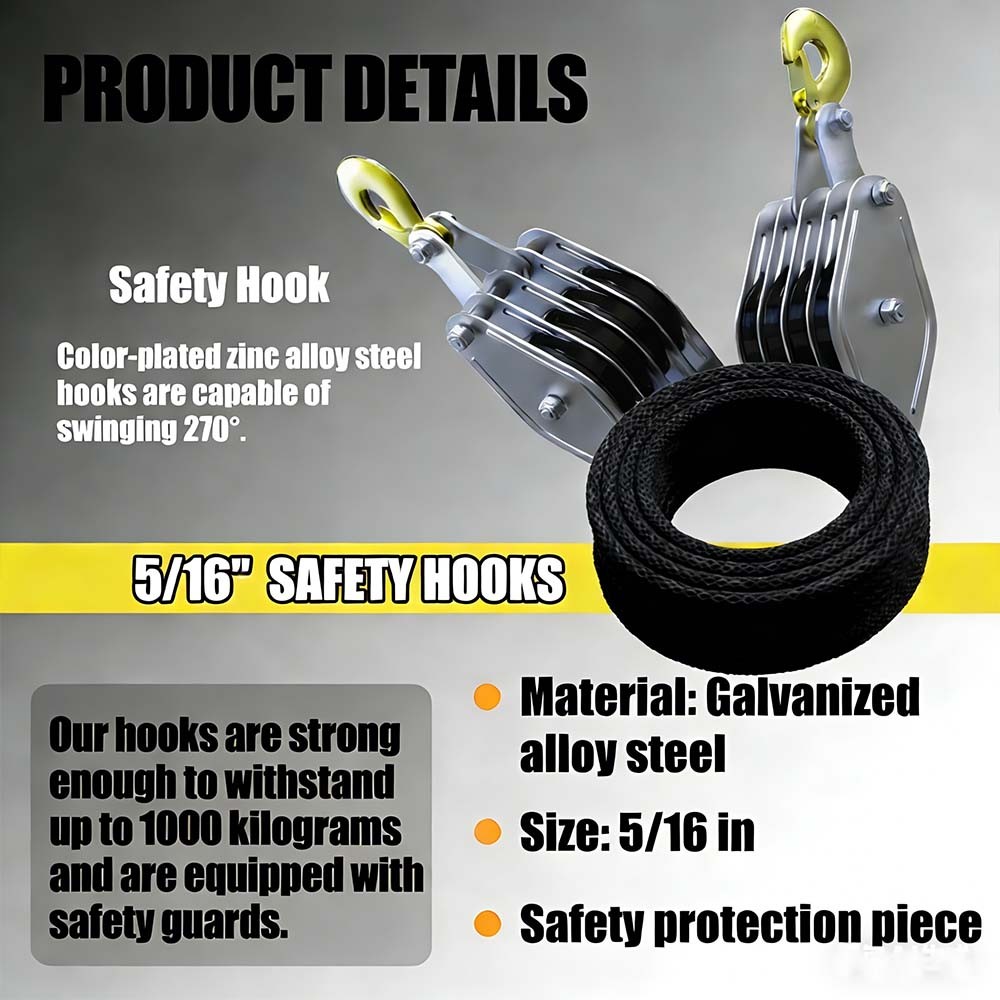 Rope Pulley Hoist 4400 LB 8:1 Lifting Power Pulley Block Tackle System 65FT Rope