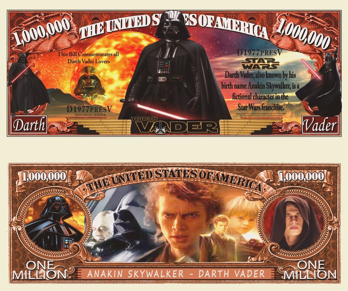 Star Wars Set of 7: Million Dollar Bill Funny Money Novelty Notes +FREE SLEEVES