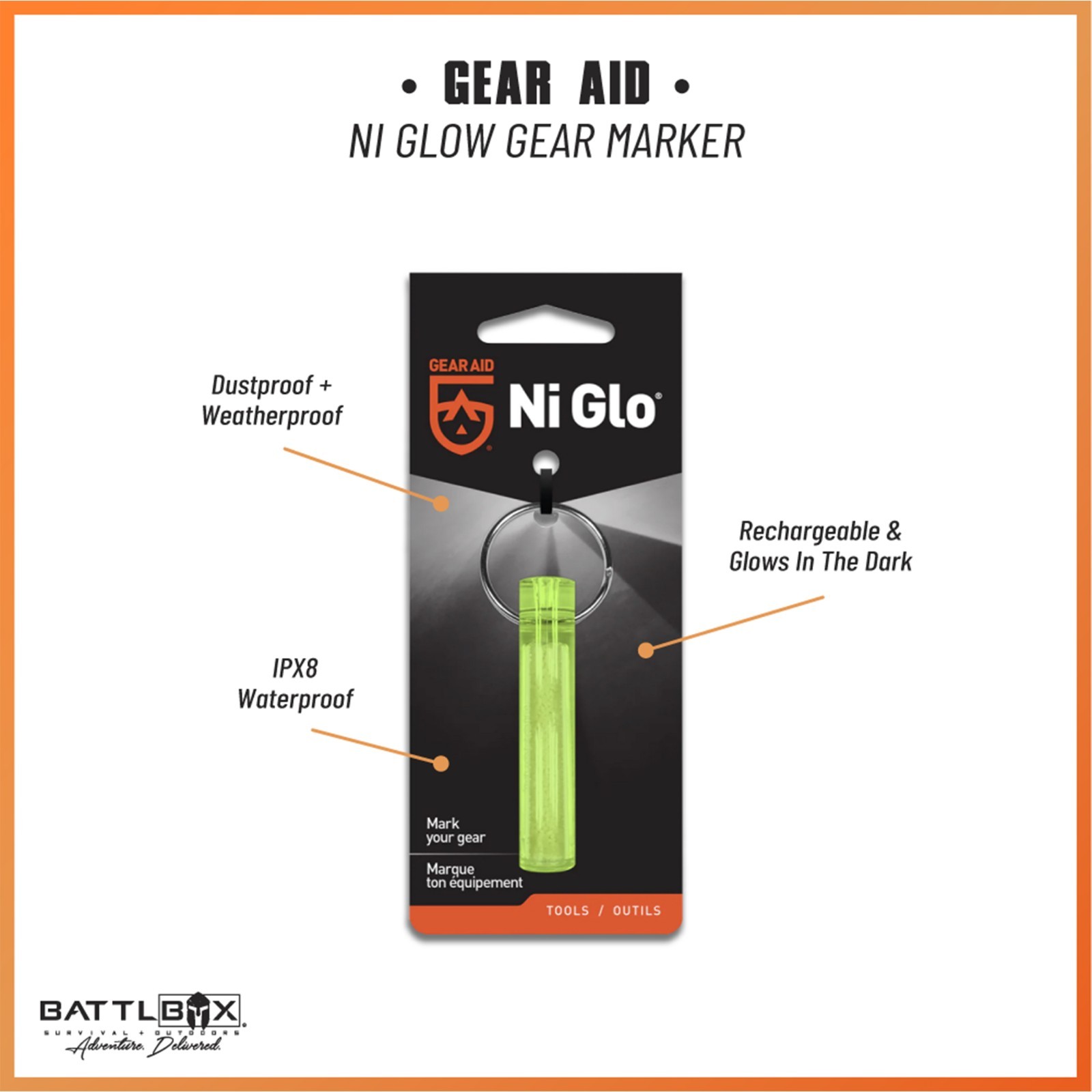 Gear Aid Ni Glo Glow-in-the-Dark Gear Marker Keychain Solar Light Source Camping