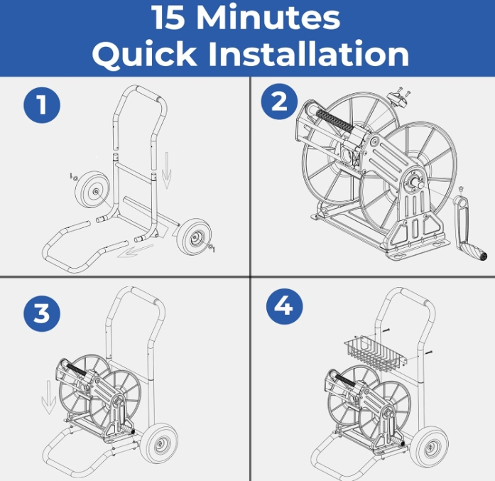 Giraffe Tools Garden Hose Reel Cart with Wheels, Stainless Steel