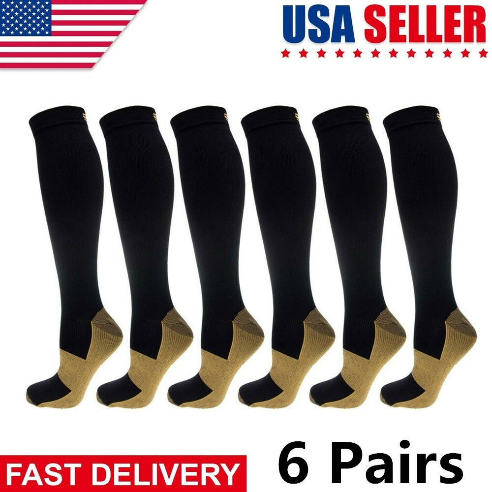 (6 Pairs) Copper Compression Socks 20-30mmHg Graduated Support Mens Womens S-XXL