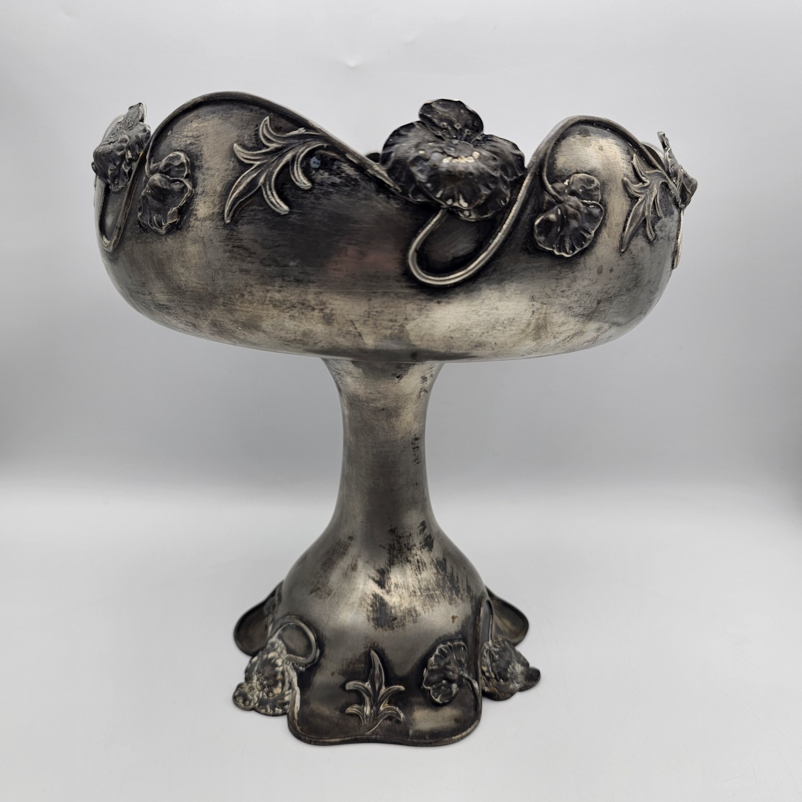 20th Century Art Nouveau Silverplate Pedestal Compote With Floral Relief